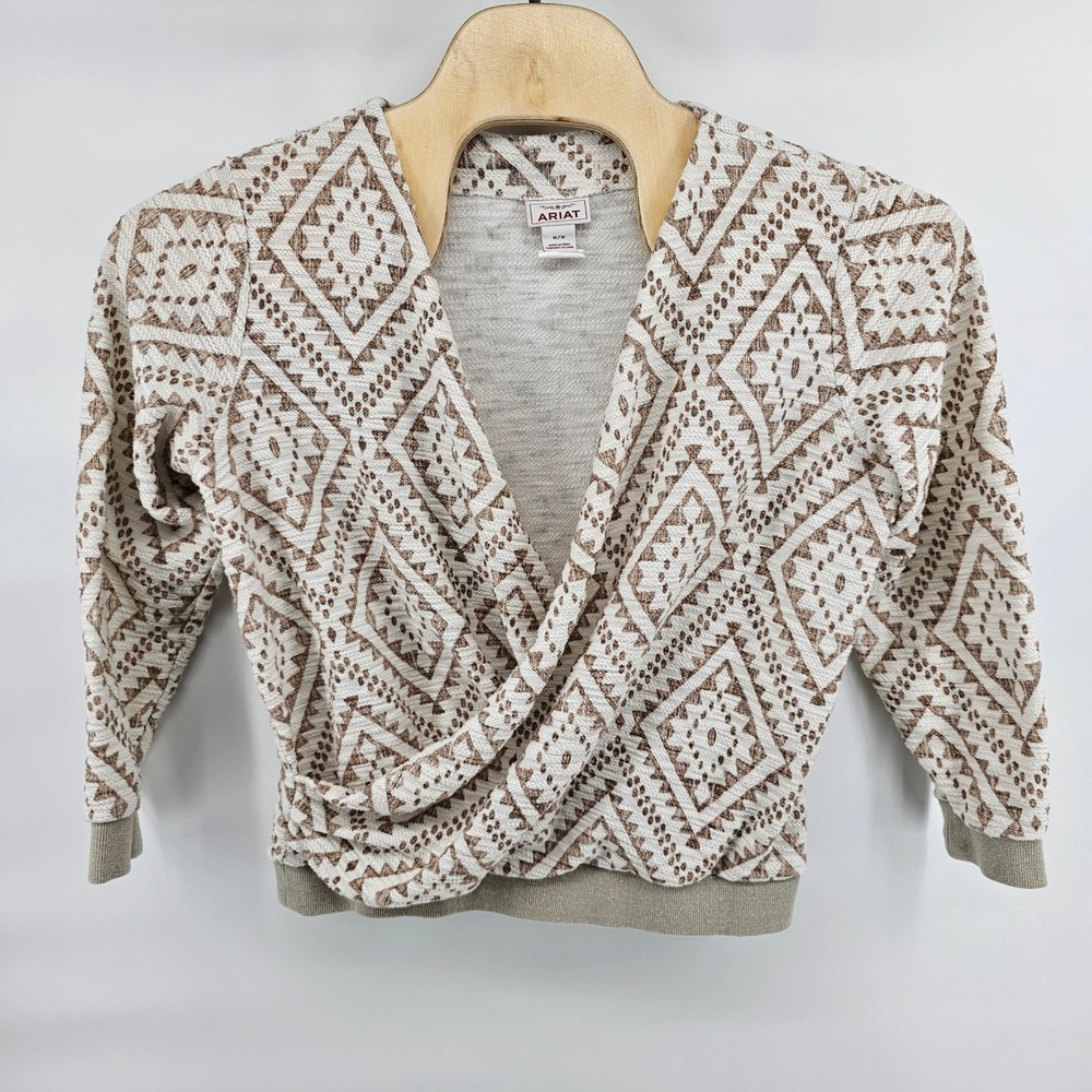 Ariat Primitive Pullover Womens Medium Tan Geometric Wrap Front Knit Top